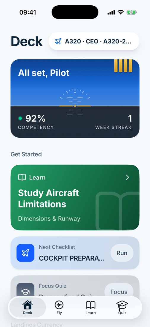 The Deck for an A320: 92% Competency, a one-week streak and Dimensions & Runway up next to study