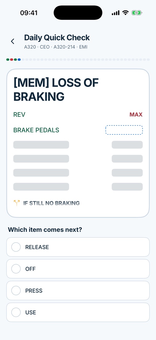 A Daily Quick Check question on the Loss of Braking memory items: which item comes next?